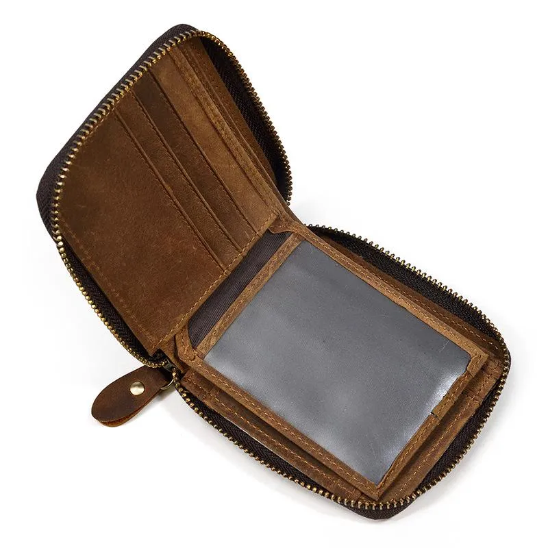 Brown Zip Leather Billfold Wallet for Men Bifold Wallet Vertical Zip Leather Small Wallet For Men