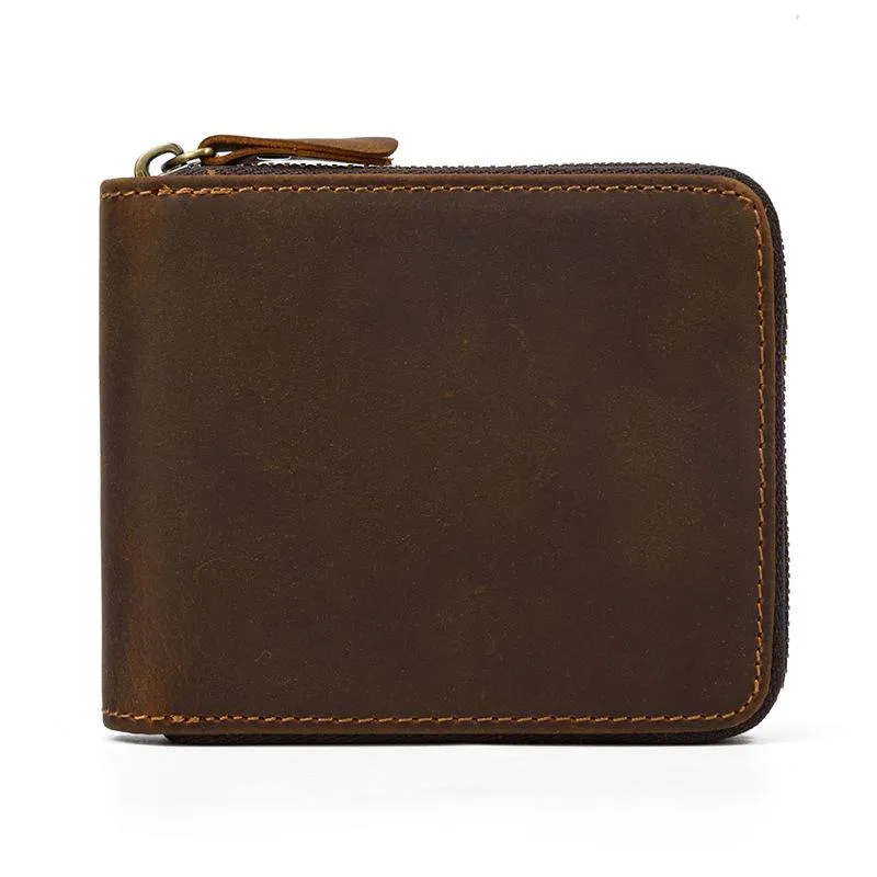Brown Zip Leather Billfold Wallet for Men Bifold Wallet Vertical Zip Leather Small Wallet For Men