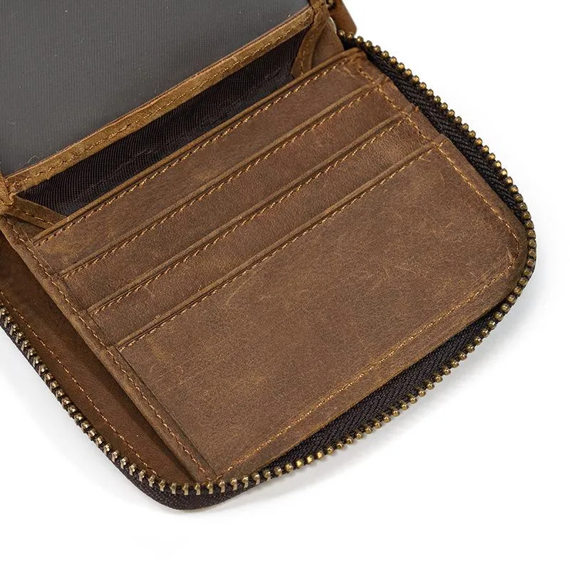 Brown Zip Leather Billfold Wallet for Men Bifold Wallet Vertical Zip Leather Small Wallet For Men