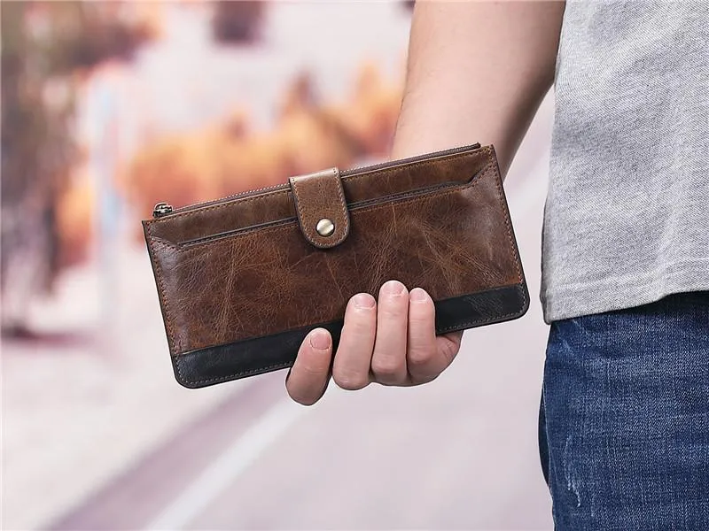 Brown Zip Leather Billfold Wallet for Men Bifold Wallet Vertical Zip Leather Small Wallet For Men