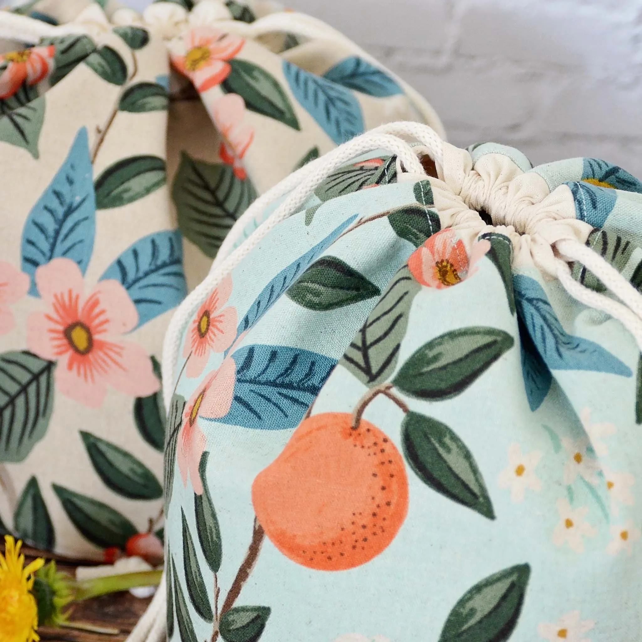 Canvas Bucket Bag with Pockets in Rifle Paper Co. Bramble Fabric
