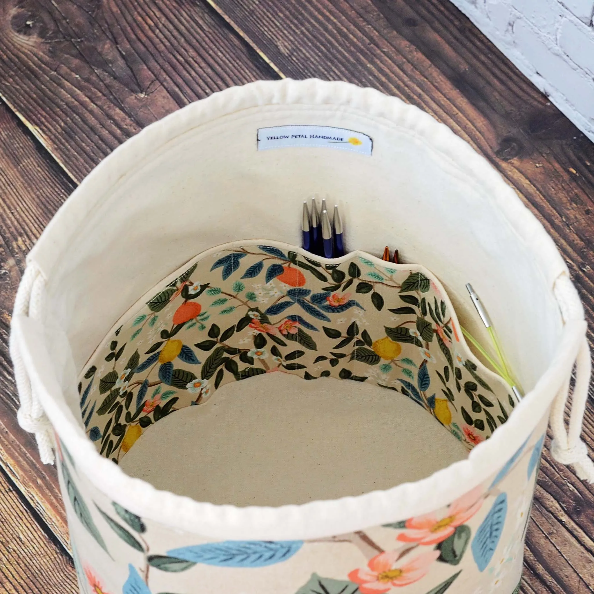 Canvas Bucket Bag with Pockets in Rifle Paper Co. Bramble Fabric