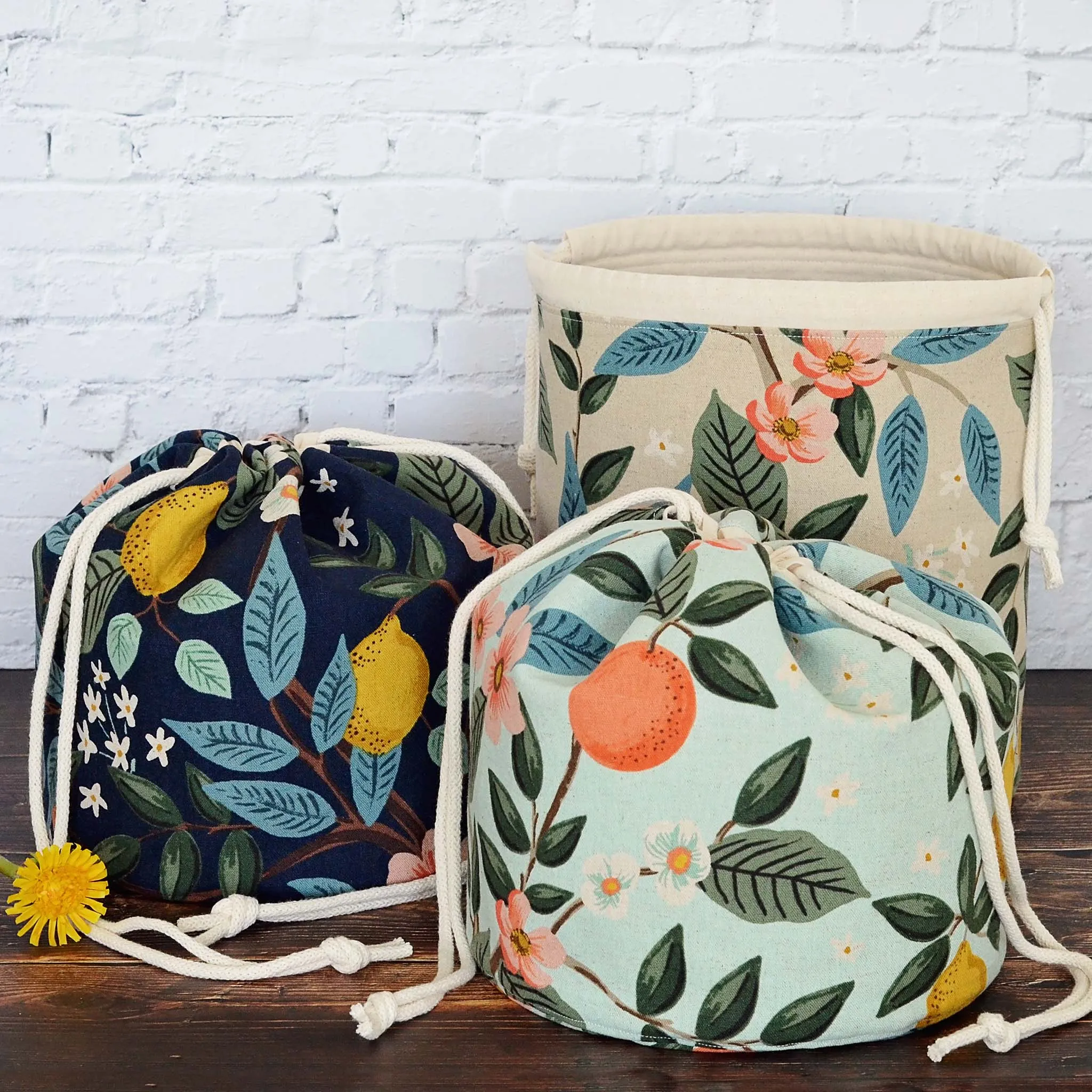 Canvas Bucket Bag with Pockets in Rifle Paper Co. Bramble Fabric