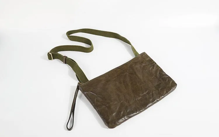 Casual Green Leather Mens Small Side Bag Messenger Bag Brown Post Bag Courier Bags for Men
