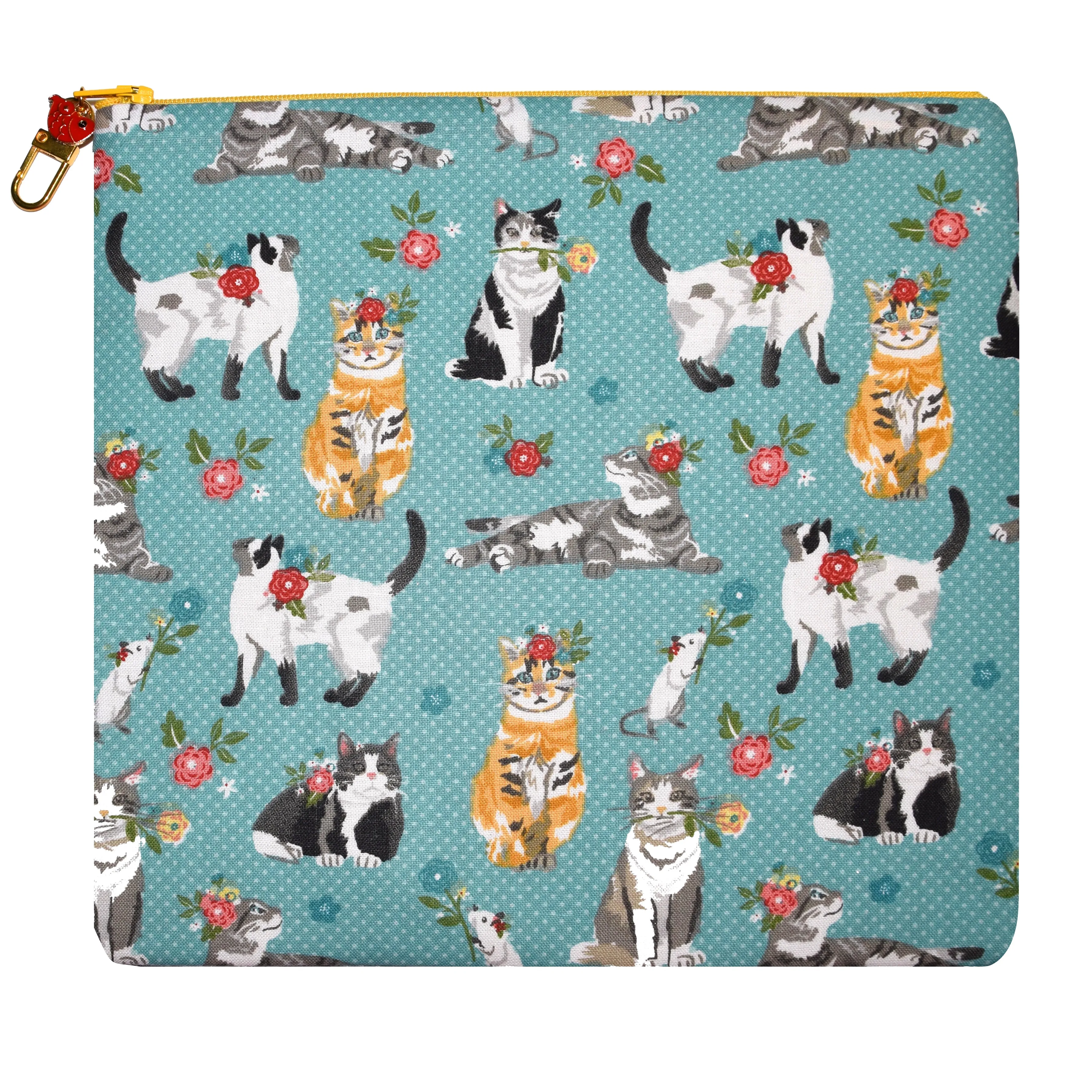 Cats Print Yellow Zippered Lined Cotton Sleeve with Red Koi Zipper Pull