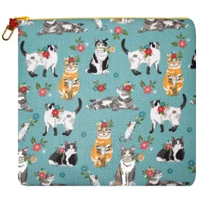 Cats Print Yellow Zippered Lined Cotton Sleeve with Red Koi Zipper Pull