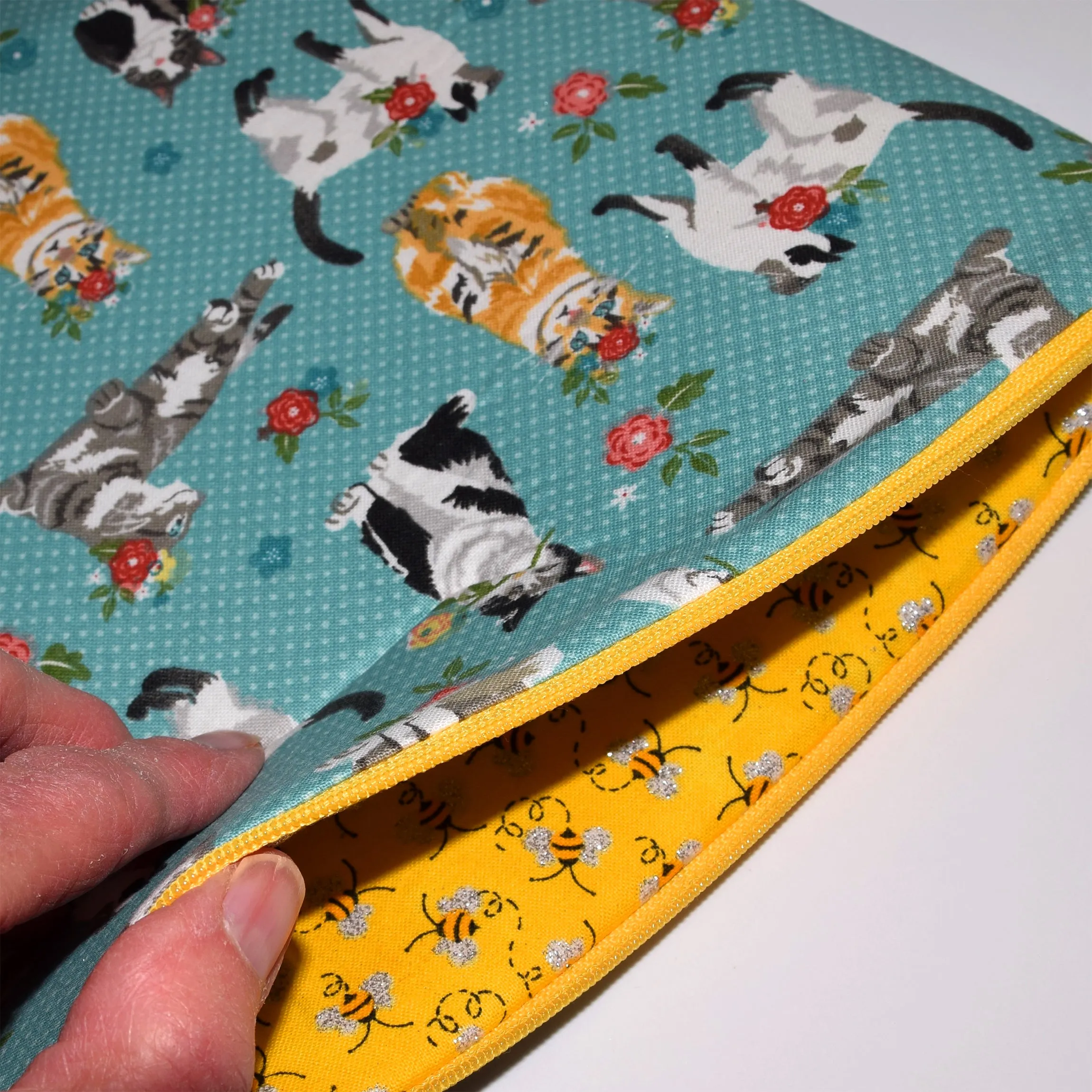 Cats Print Yellow Zippered Lined Cotton Sleeve with Red Koi Zipper Pull