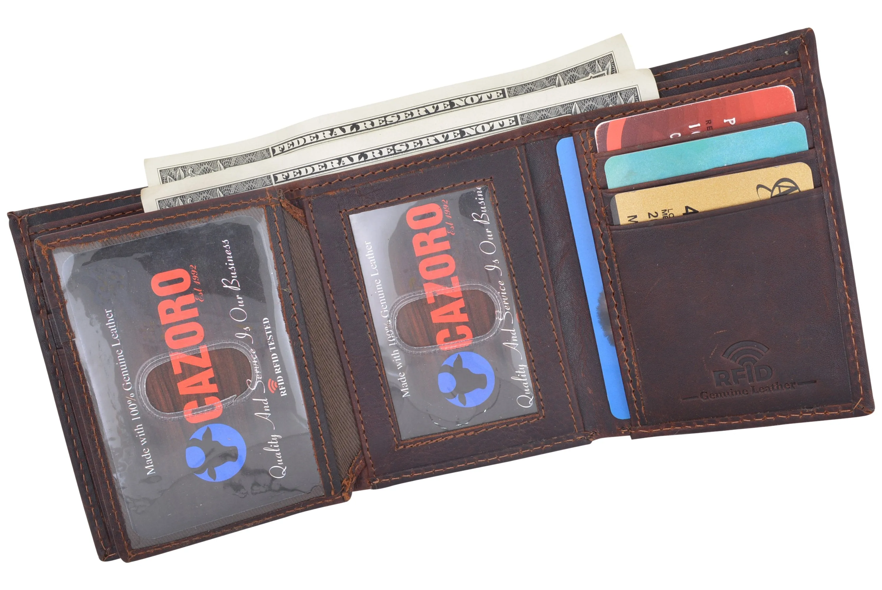 Cazoro Extra Capacity Trifold Wallet for Men RFID Blocking Genuine Leather Wallet Black Brown RFID611286