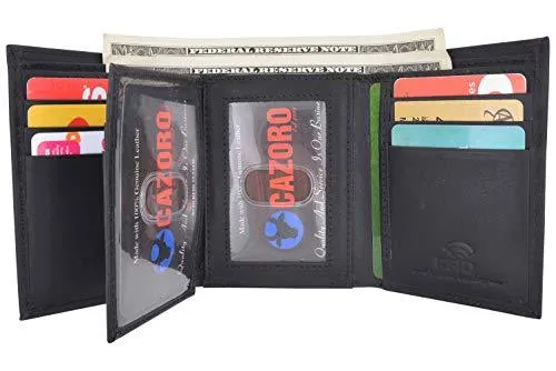 Cazoro Extra Capacity Trifold Wallet for Men RFID Blocking Genuine Leather Wallet Black Brown RFID611286