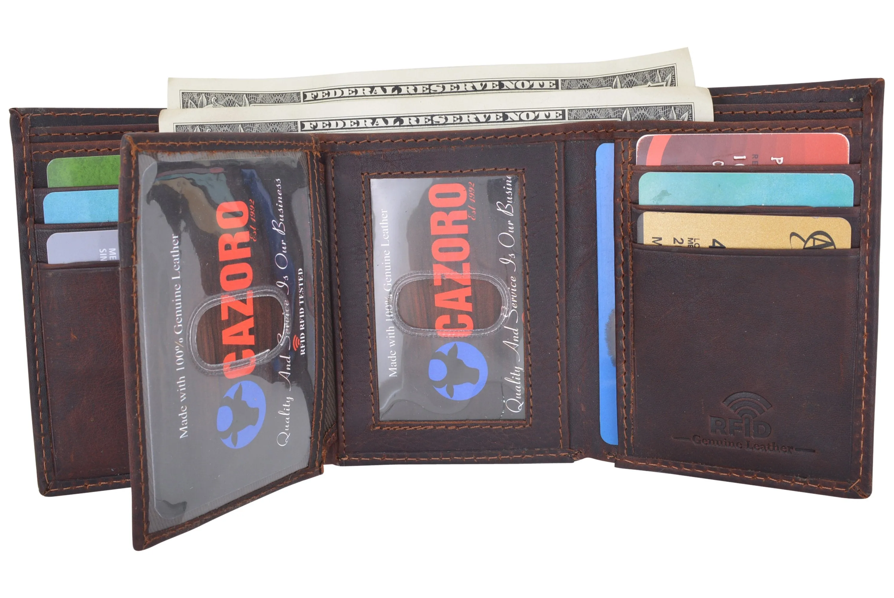 Cazoro Extra Capacity Trifold Wallet for Men RFID Blocking Genuine Leather Wallet Black Brown RFID611286