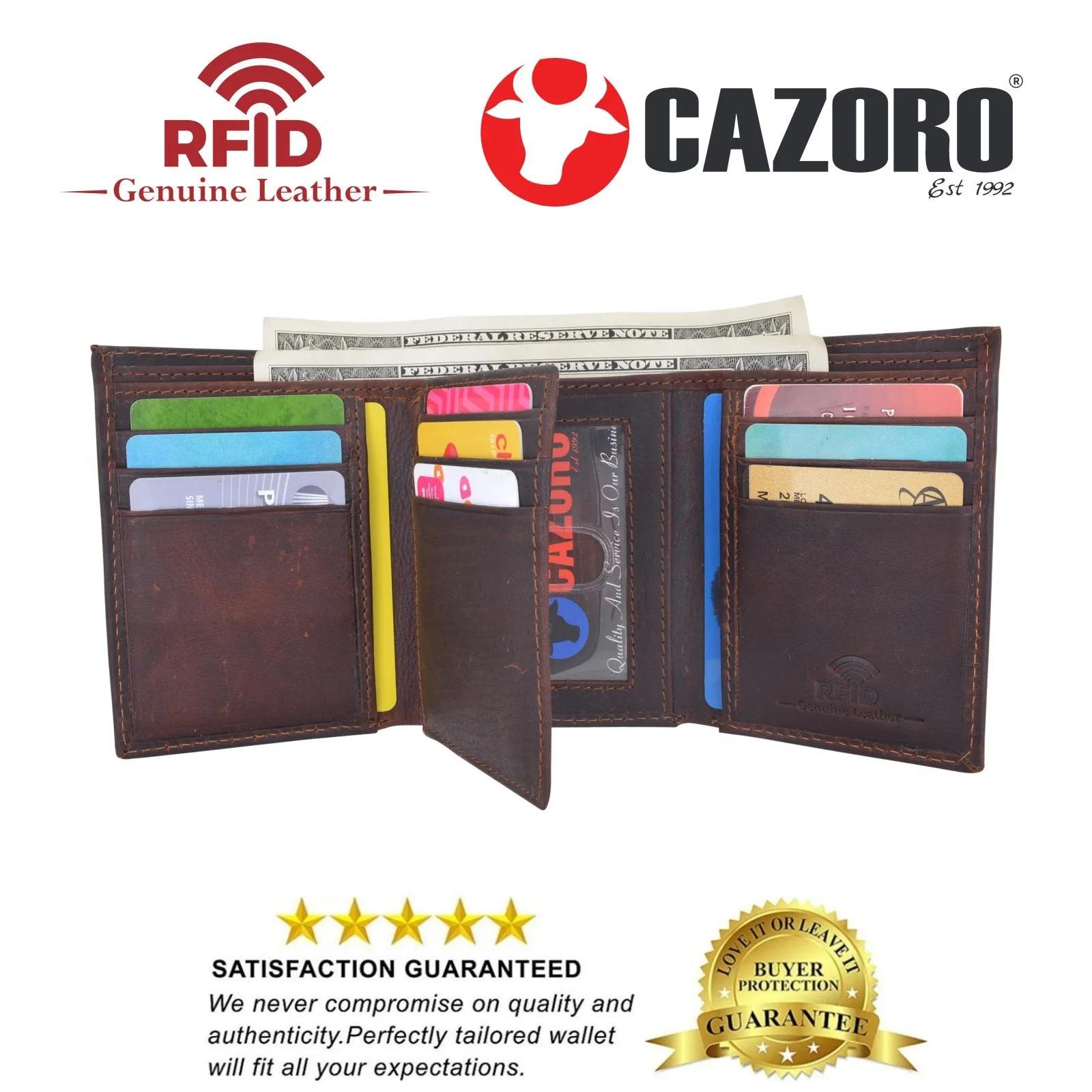 Cazoro Extra Capacity Trifold Wallet for Men RFID Blocking Genuine Leather Wallet Black Brown RFID611286