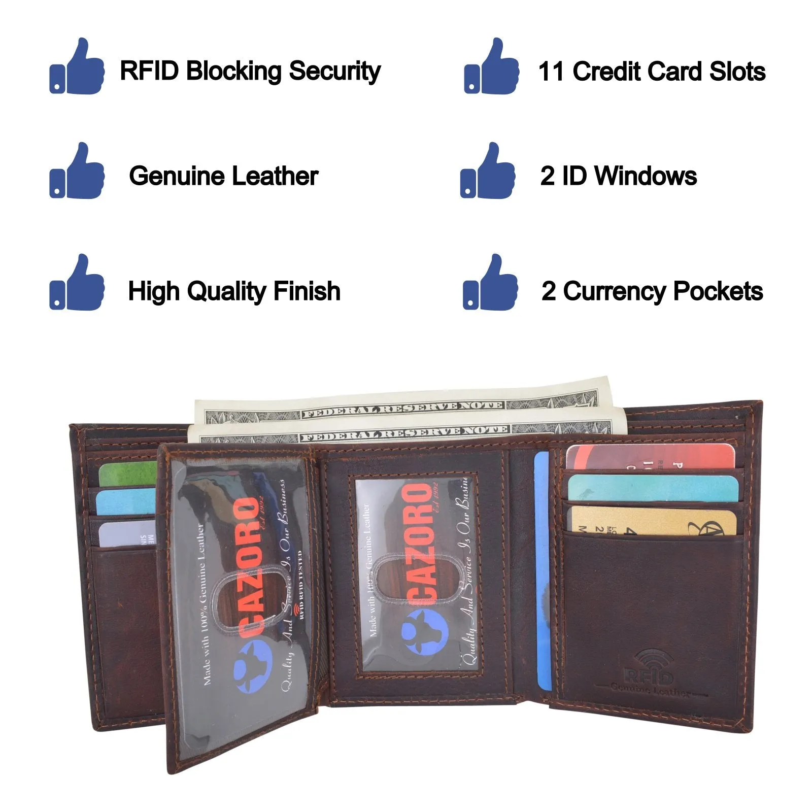 Cazoro Extra Capacity Trifold Wallet for Men RFID Blocking Genuine Leather Wallet Black Brown RFID611286