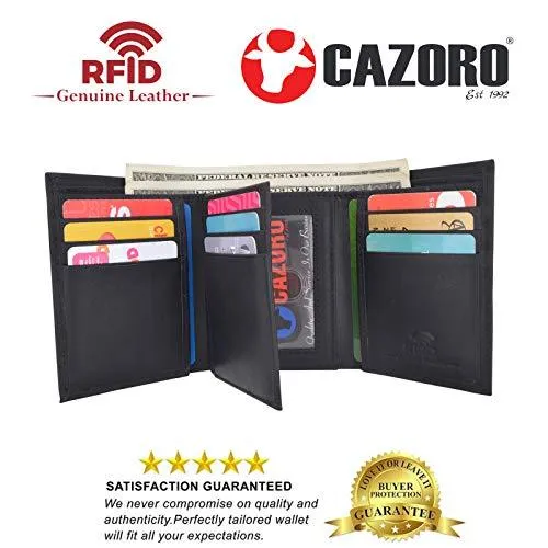 Cazoro Extra Capacity Trifold Wallet for Men RFID Blocking Genuine Leather Wallet Black Brown RFID611286
