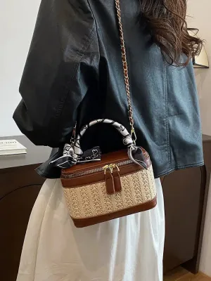 Chain Strap Woven Leather Bucket Bag