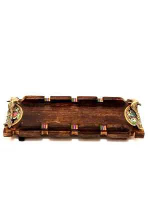 Classy Brown Wooden Tray With Stand Long HandPainted By Tamrapatra