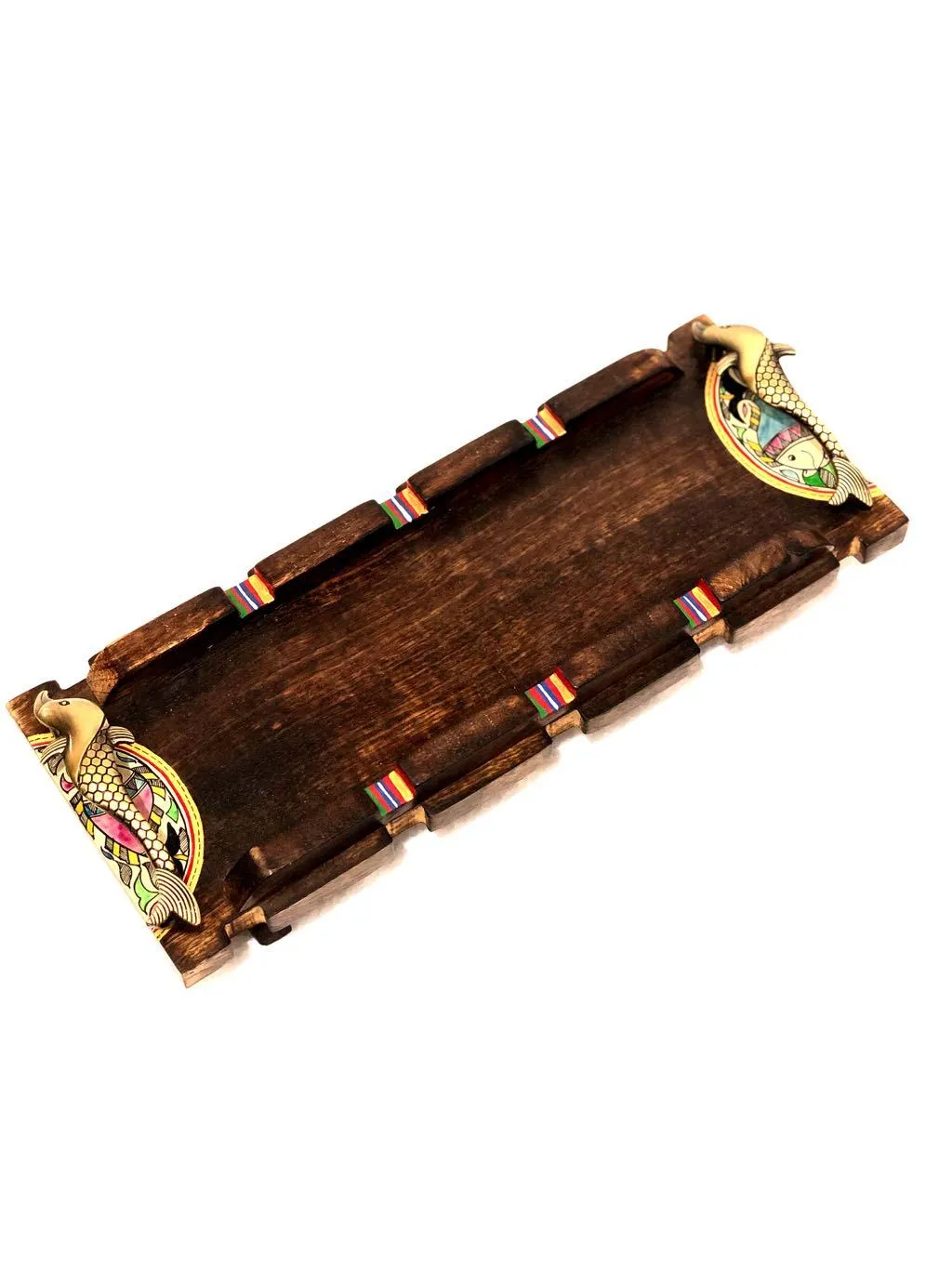 Classy Brown Wooden Tray With Stand Long HandPainted By Tamrapatra