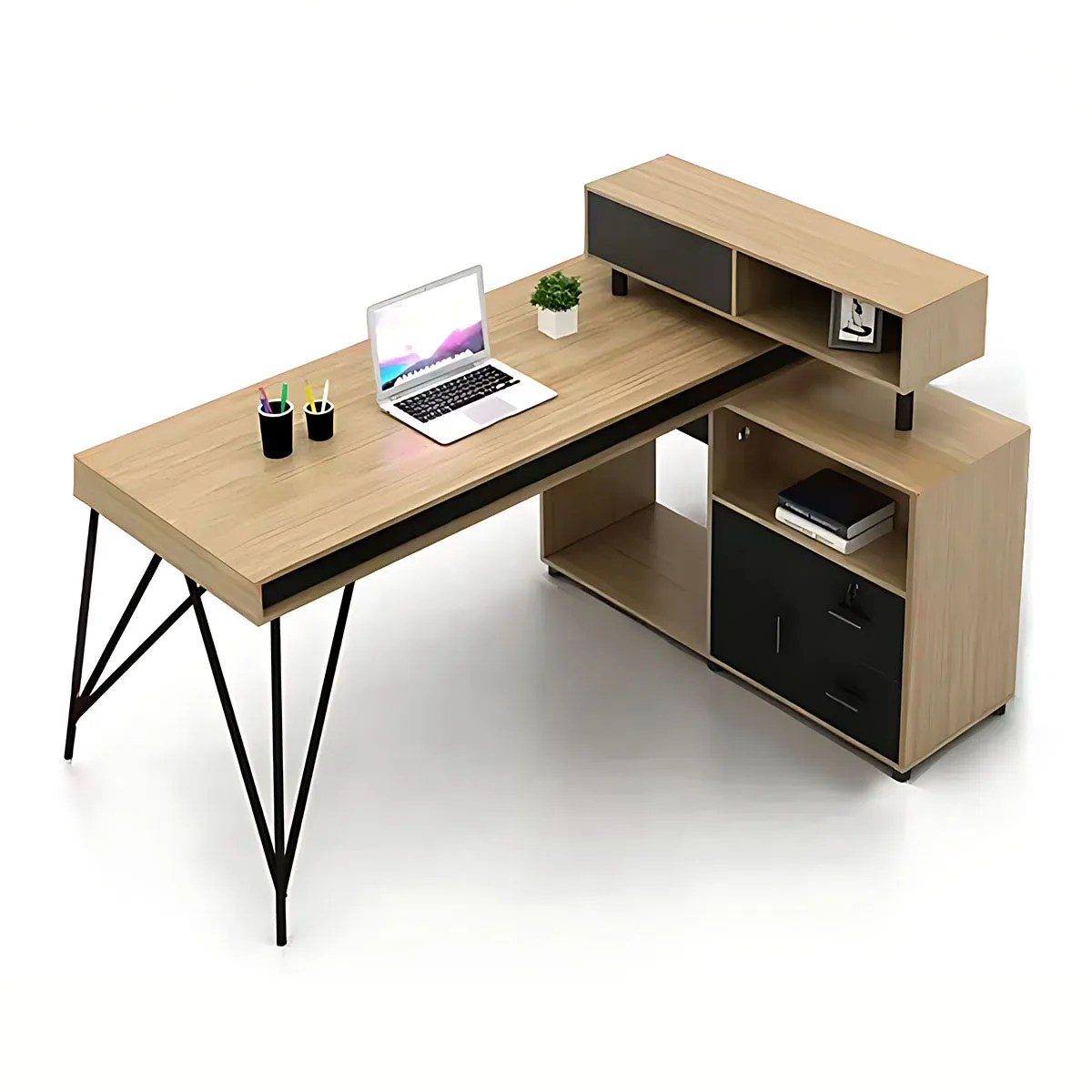 Elegant Natural Wood Cubicle Desk with Storage Compartments