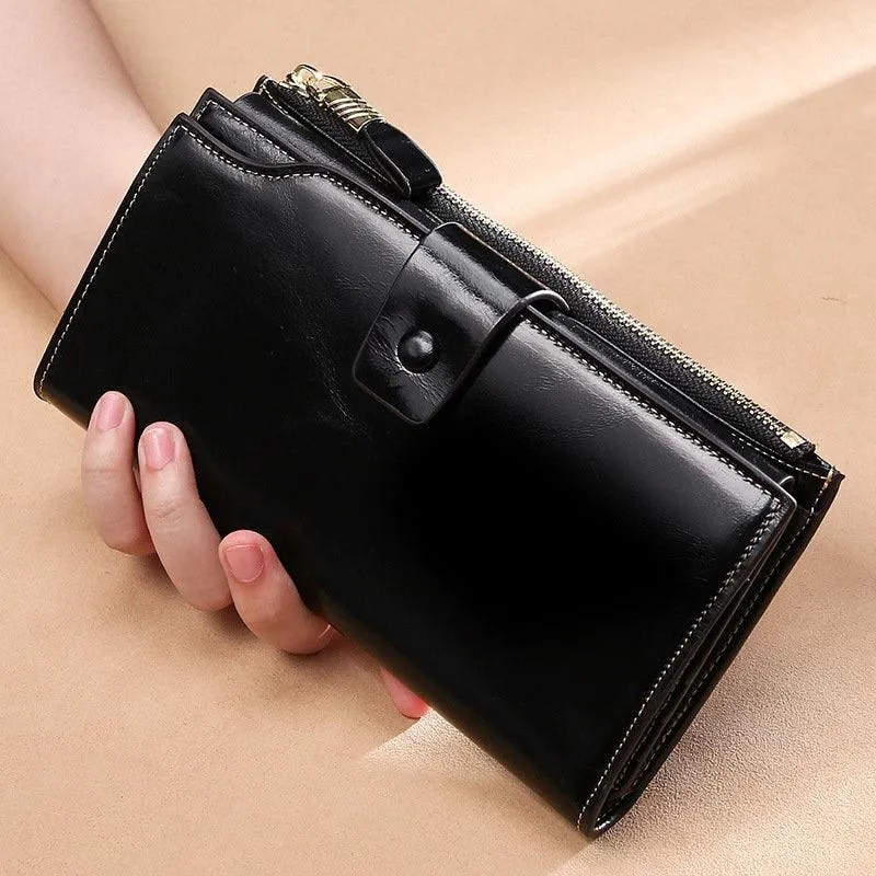 Elegant Oil Wax Leather Wallet, Large Leather Purse Wallets, Black multicolour, Real Leather Purse, Handmade
