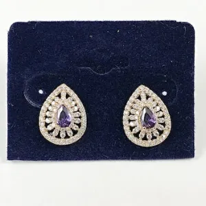 Elegant Violet Purple CZ Pear Drop Stud Brass Earrings