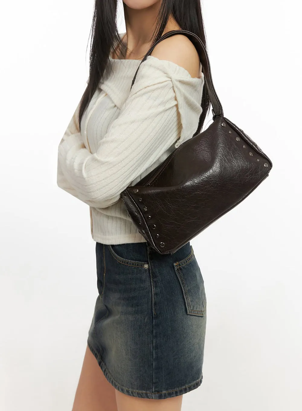 Faux Leather Studded Shoulder Bag IJ503