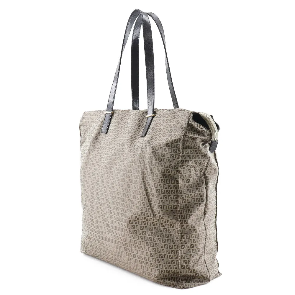 FENDI Tote Bag Nylon, Calfskin Brown micro zucchini Women Used