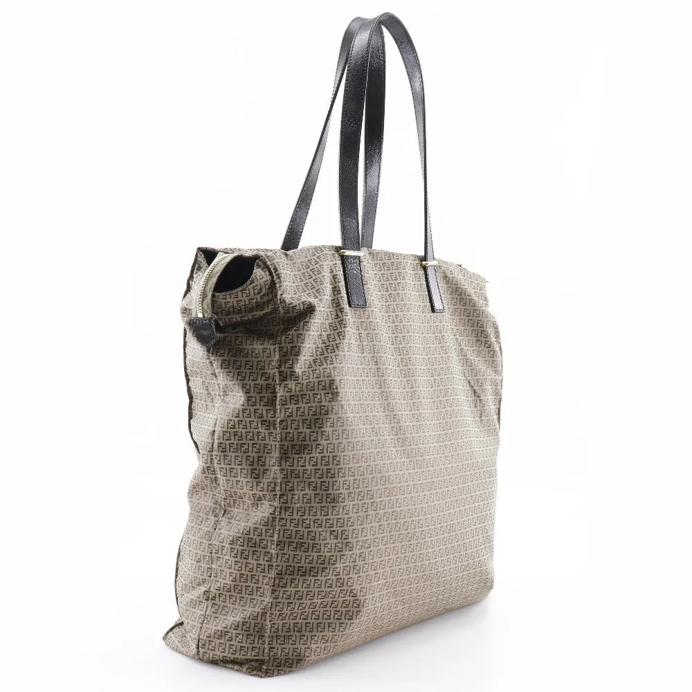 FENDI Tote Bag Nylon, Calfskin Brown micro zucchini Women Used