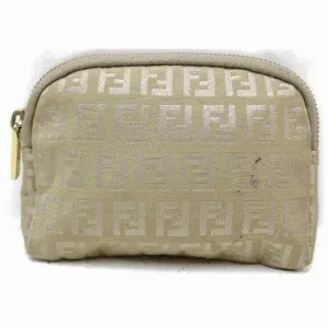 Fendi White Zucchino Print on Taupe Canvas And Leather Clutch/Cosmetic Bag