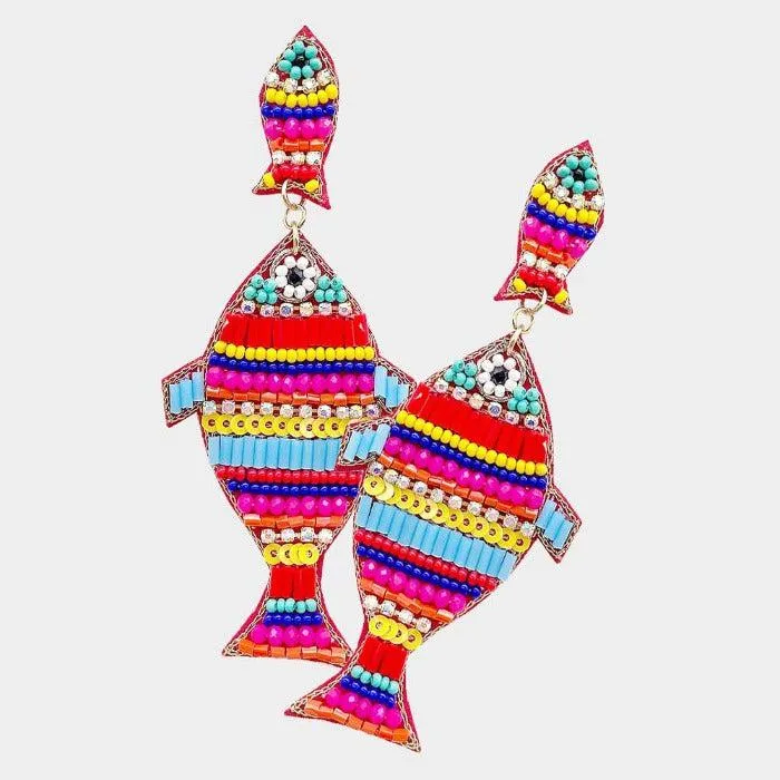 Fish Multi Colored Seed Bead Earrings