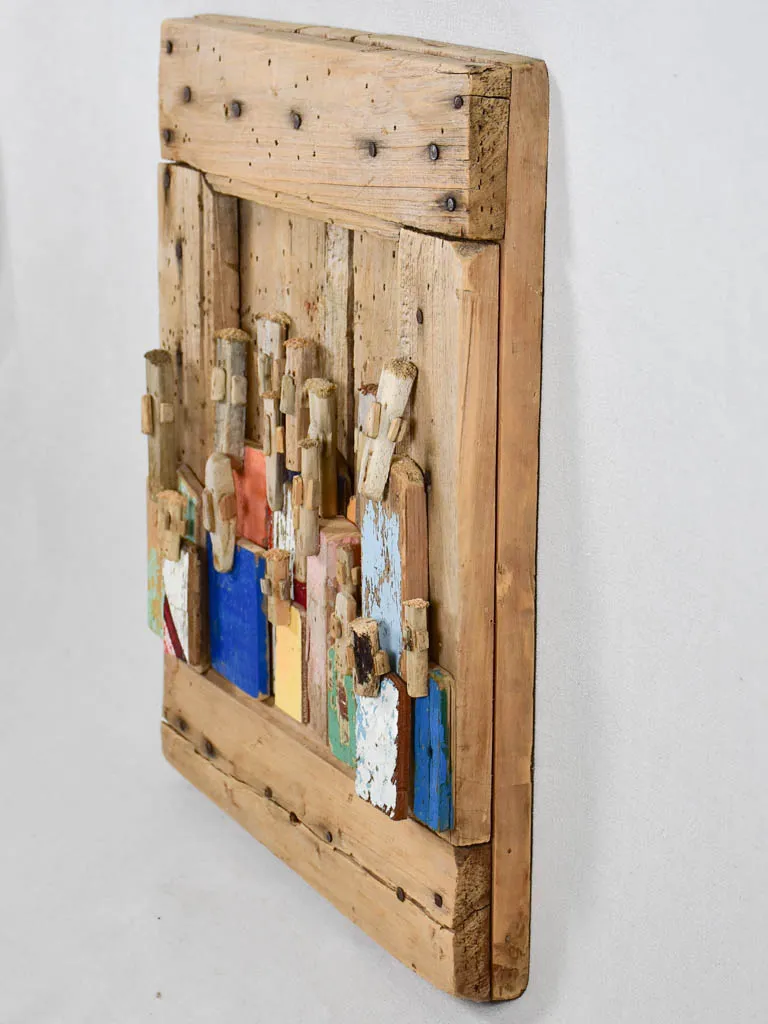 Framed driftwood totem sculpture by JP Dreano - 19 characters