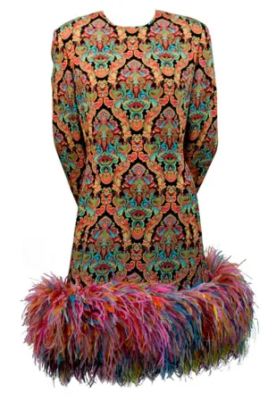 Galanos multi-colored vintage dress with ostrich feathers