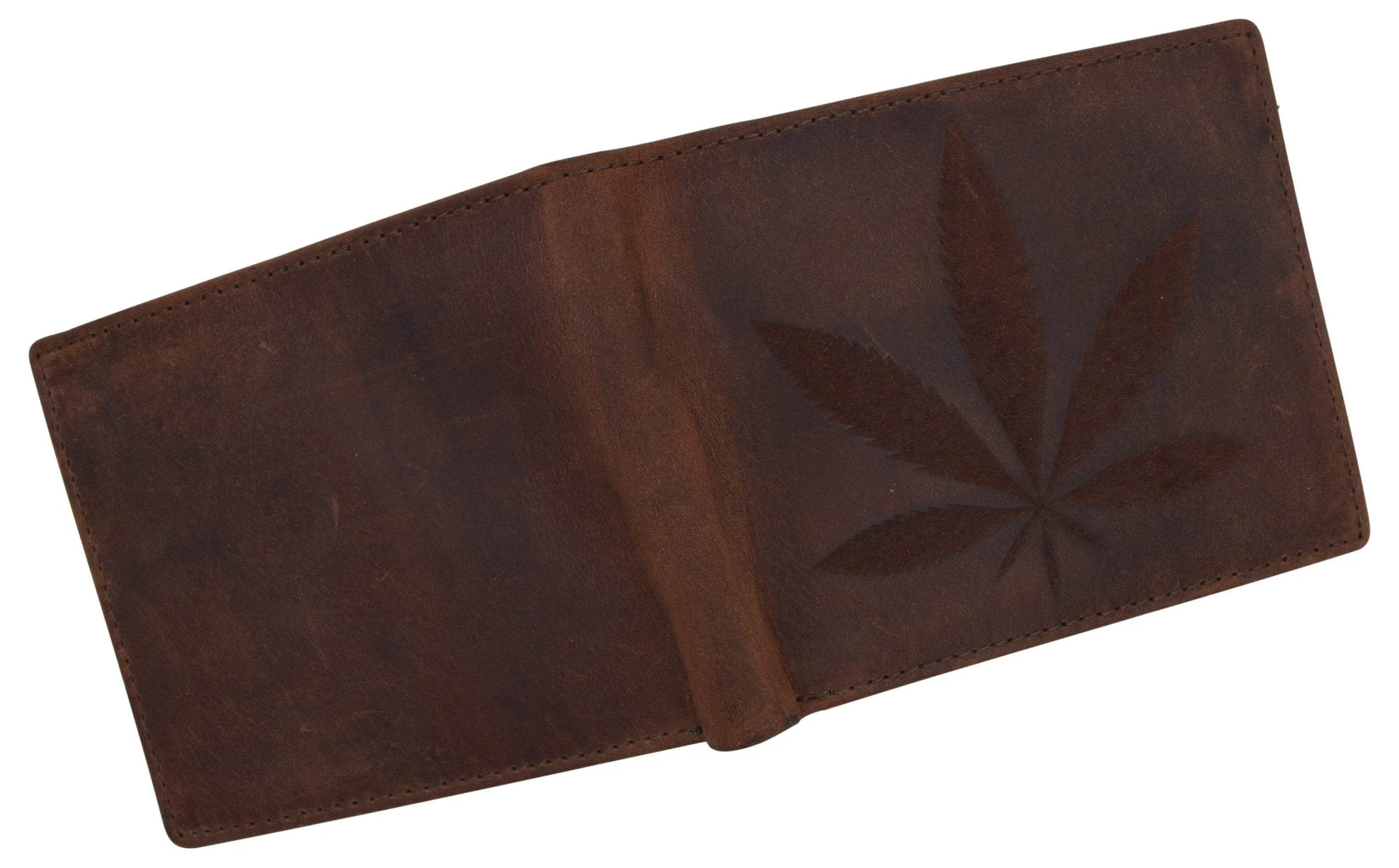Genuine Leather RFID Bifold Mens Marijuana Leaf Logo Wallet