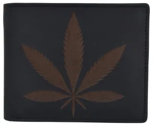Genuine Leather RFID Bifold Mens Marijuana Leaf Logo Wallet
