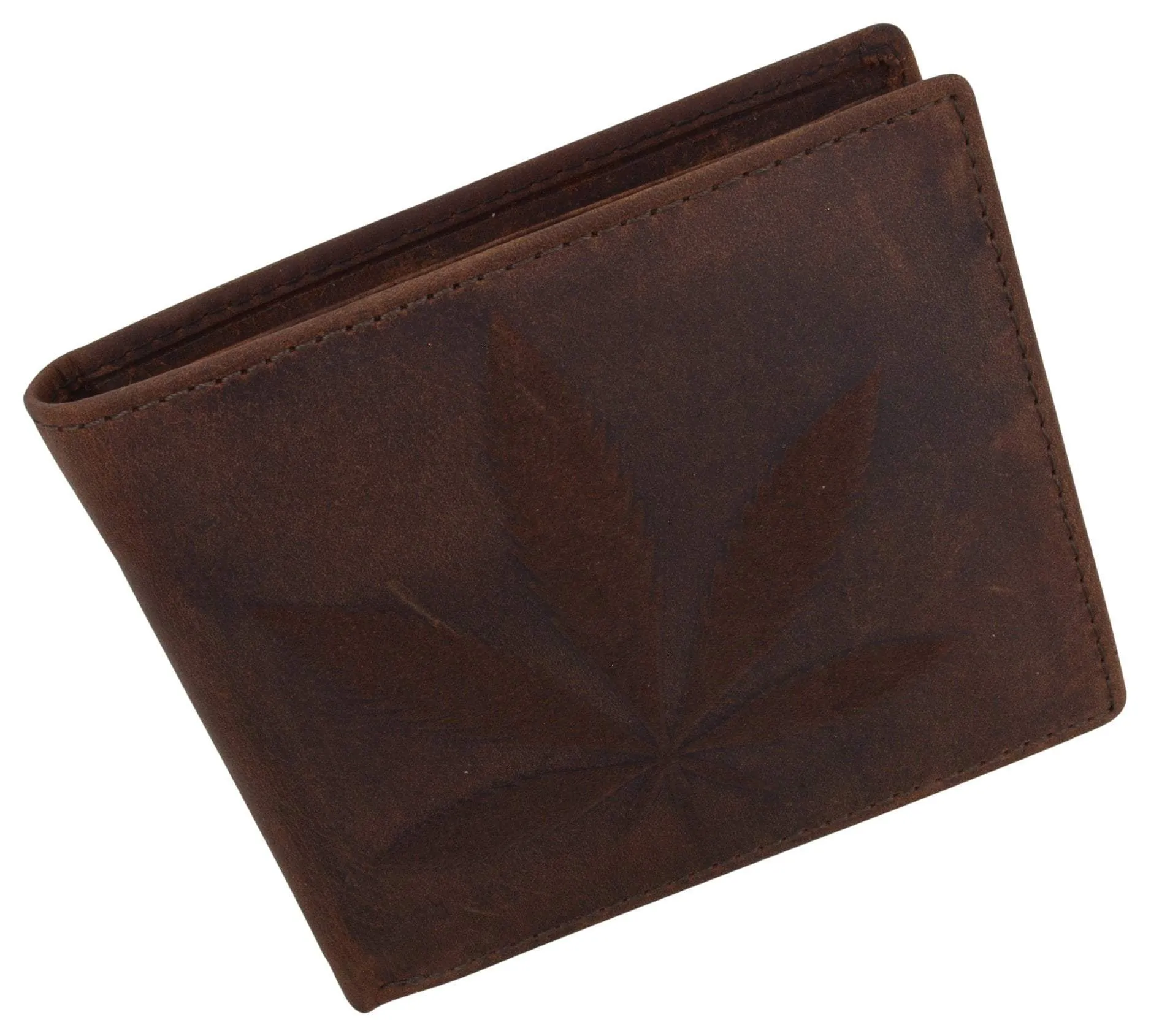 Genuine Leather RFID Bifold Mens Marijuana Leaf Logo Wallet