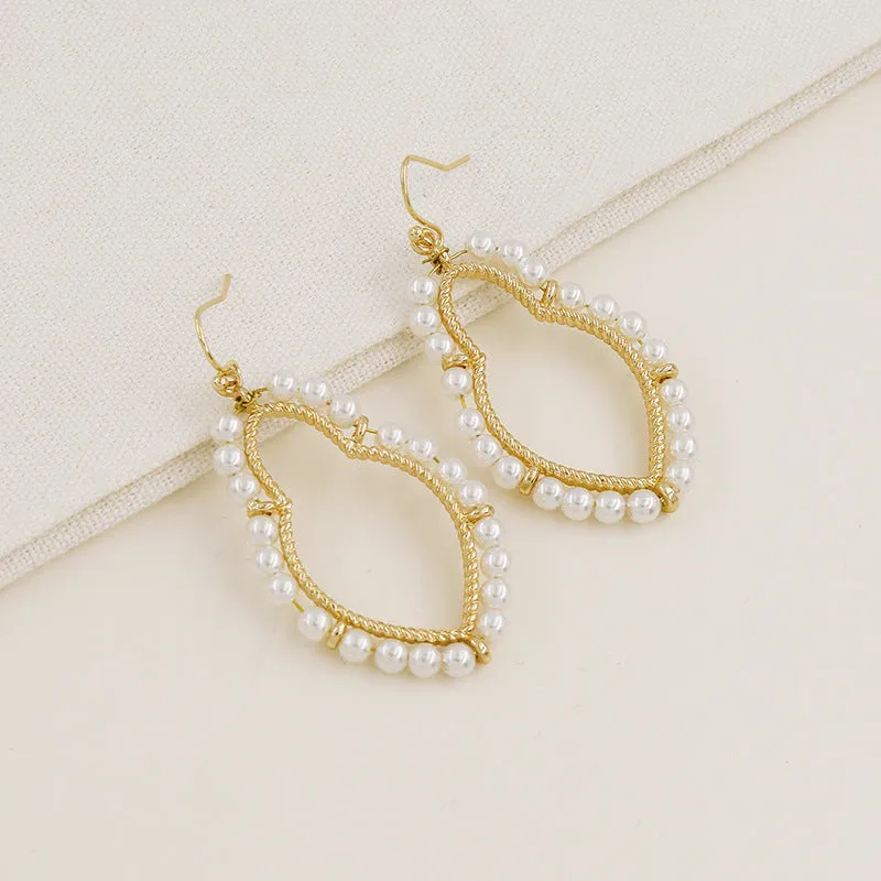 Geometric Gourd Design Metal Earrings with Pearl Accents, Trendy Instagram Style, Stylish Cross-border Fashion Accessory