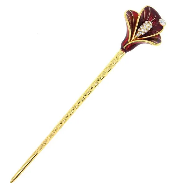 Gold Finish Enamel Calla Lily Hair Stick with Rhinestones