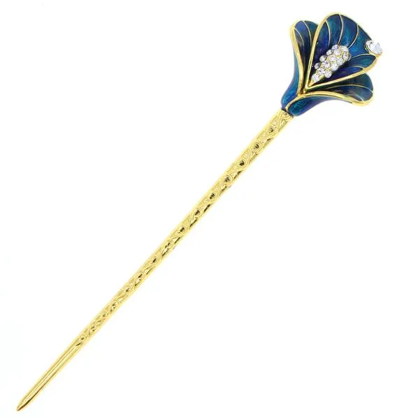 Gold Finish Enamel Calla Lily Hair Stick with Rhinestones