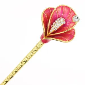 Gold Finish Enamel Calla Lily Hair Stick with Rhinestones
