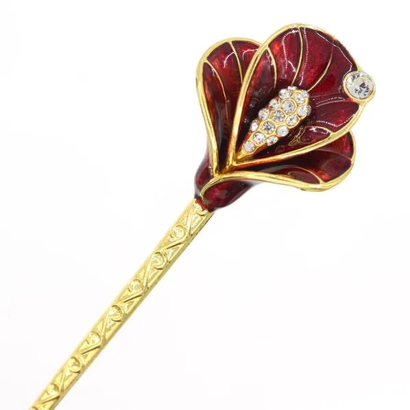 Gold Finish Enamel Calla Lily Hair Stick with Rhinestones