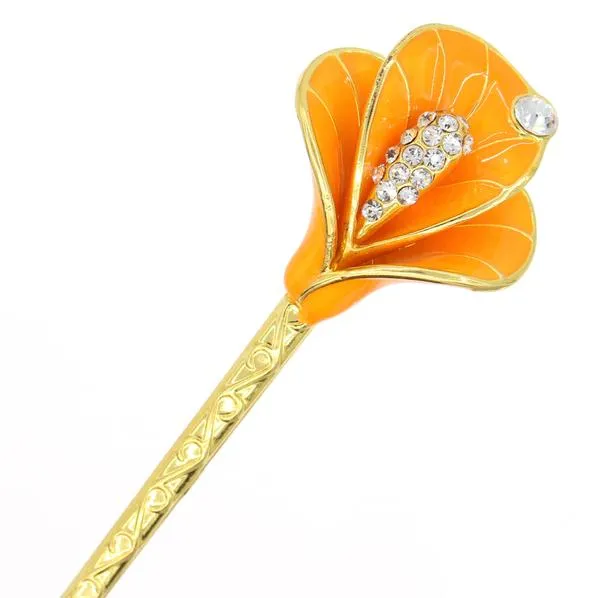 Gold Finish Enamel Calla Lily Hair Stick with Rhinestones