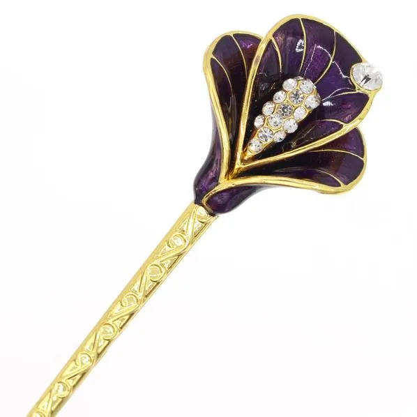 Gold Finish Enamel Calla Lily Hair Stick with Rhinestones