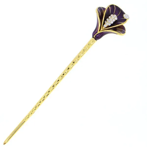 Gold Finish Enamel Calla Lily Hair Stick with Rhinestones