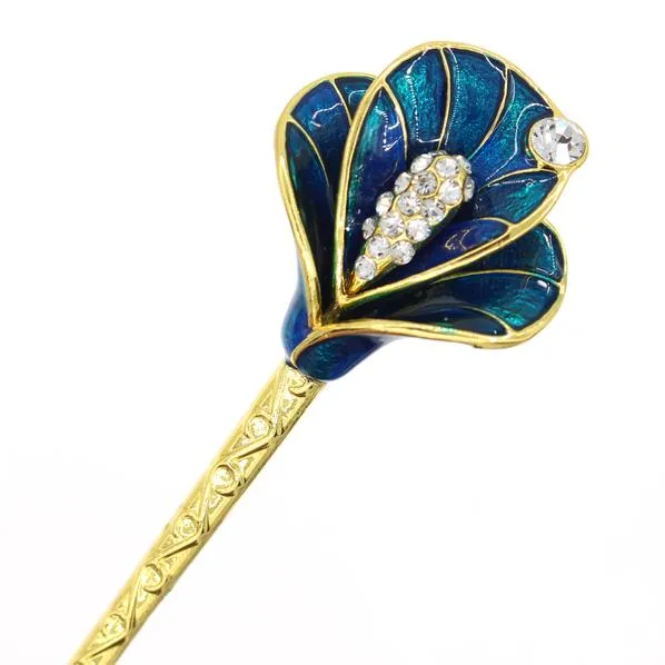 Gold Finish Enamel Calla Lily Hair Stick with Rhinestones