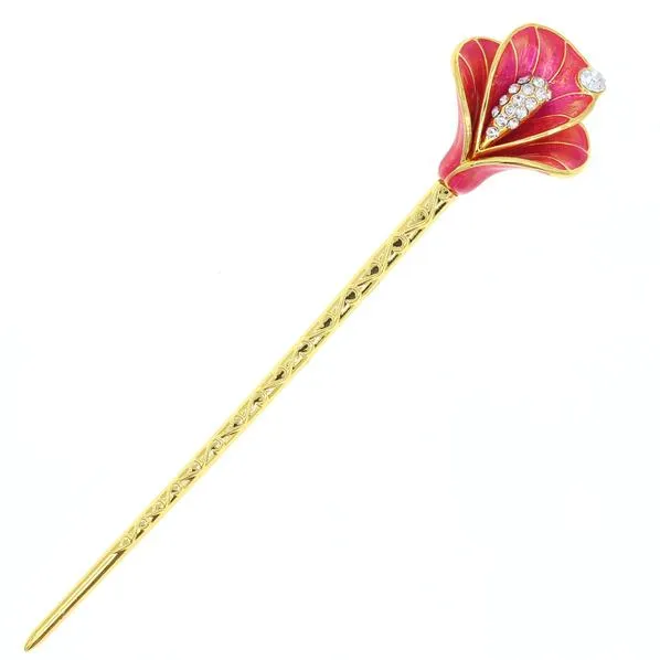 Gold Finish Enamel Calla Lily Hair Stick with Rhinestones