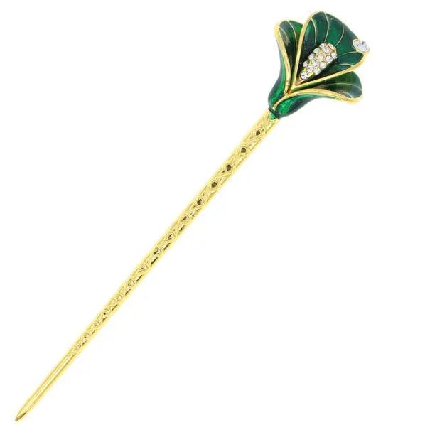 Gold Finish Enamel Calla Lily Hair Stick with Rhinestones