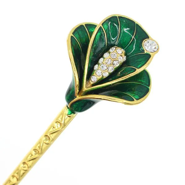 Gold Finish Enamel Calla Lily Hair Stick with Rhinestones