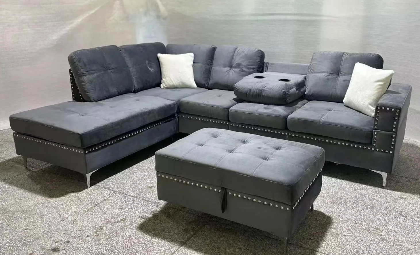 Grey Velvet Sectional With Drop Down Cup Holder & Throw Pillows- Model #2402
