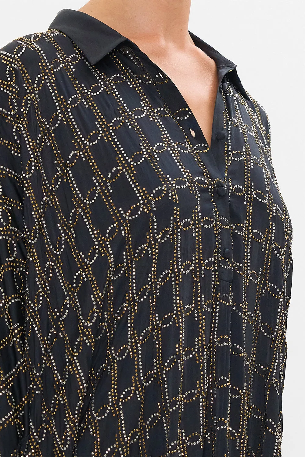 HOTFIX BUTTON UP TOP WITH DRAPED BACK FILM DIVA