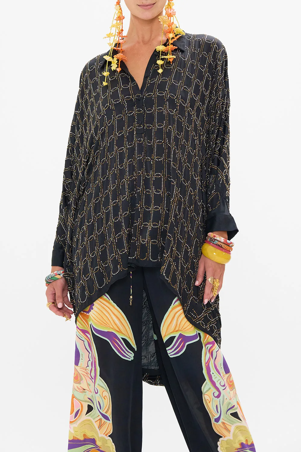 HOTFIX BUTTON UP TOP WITH DRAPED BACK FILM DIVA