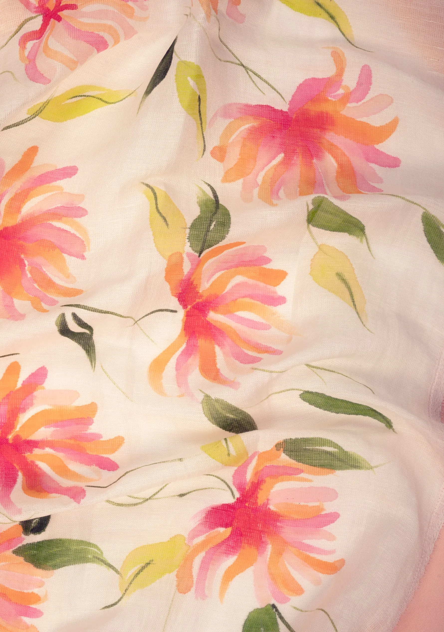Ivory Linen and Modal Scarf with Hand-Painted Full Bloom Design and a Multicolor Frill and Ivory Lace Border
