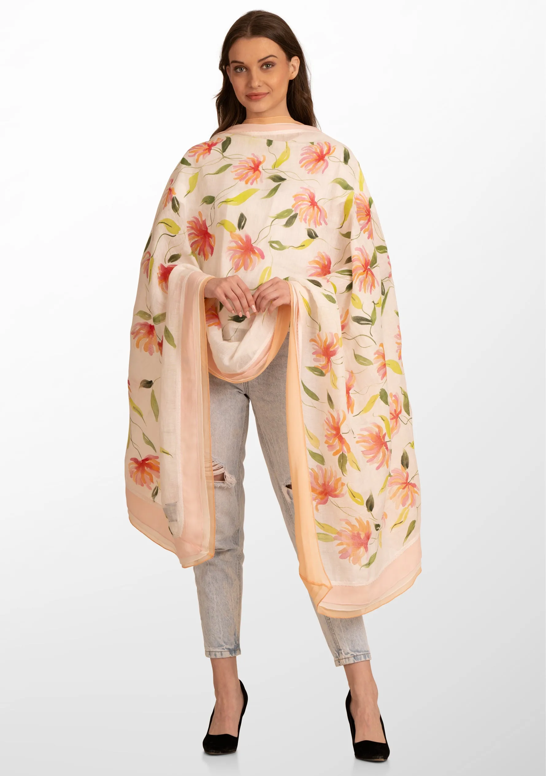 Ivory Linen and Modal Scarf with Hand-Painted Full Bloom Design and a Multicolor Frill and Ivory Lace Border